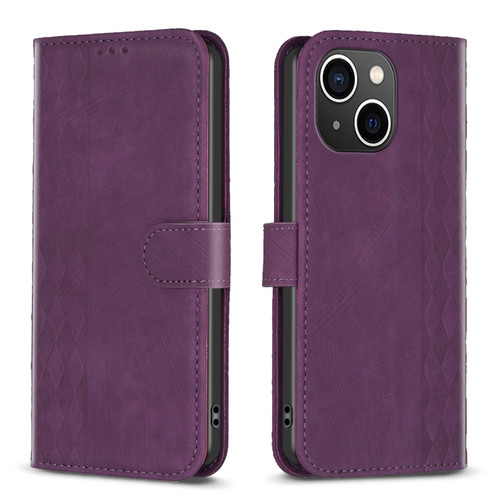 iPhone 14 Plus Plaid Embossed Leather Phone Case - Purple