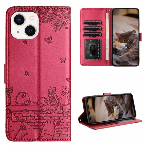 iPhone 14 Plus Cat Embossing Pattern Leather Phone Case with Lanyard - Red