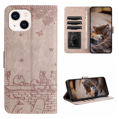 iPhone 14 Plus Cat Embossing Pattern Leather Phone Case with Lanyard - Grey