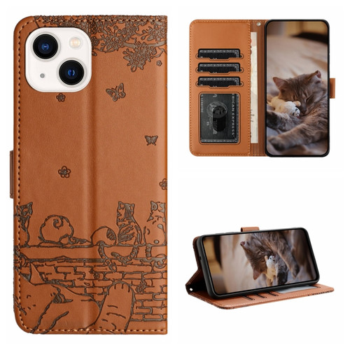 iPhone 14 Plus Cat Embossing Pattern Leather Phone Case with Lanyard - Brown