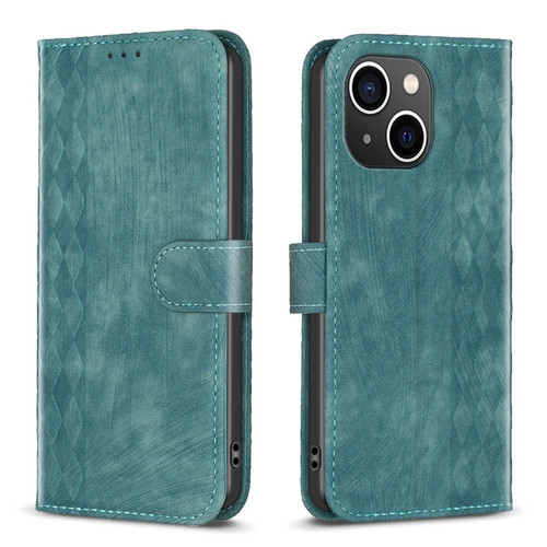 iPhone 14 Plus Plaid Embossed Leather Phone Case - Green