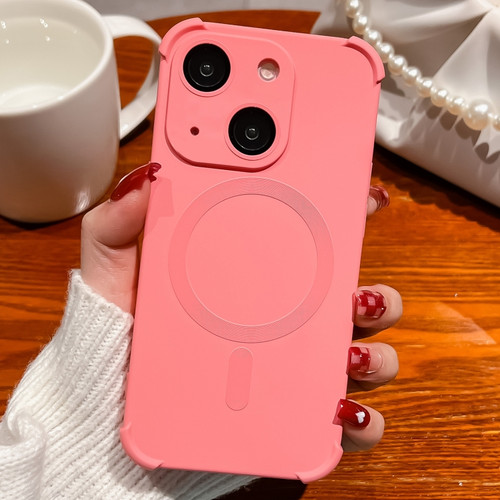 iPhone 14 Plus Four-corner Shockproof Skin Feel MagSafe Magnetic Phone Case - Pink