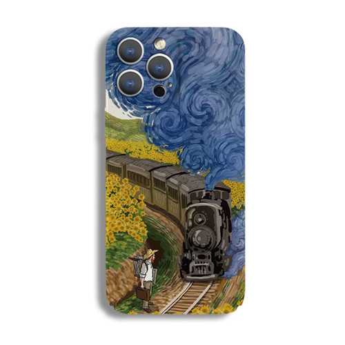 iPhone 14 Plus Precise Hole Oil Painting Pattern PC Phone Case - Train