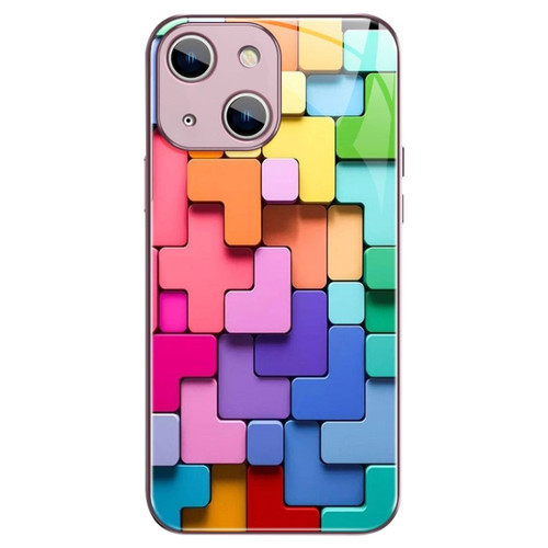 iPhone 14 Plus Colorful Toy Bricks Pattern Shockproof Glass Phone Case - Pink