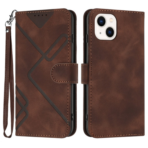 iPhone 14 Plus Line Pattern Skin Feel Leather Phone Case - Coffee