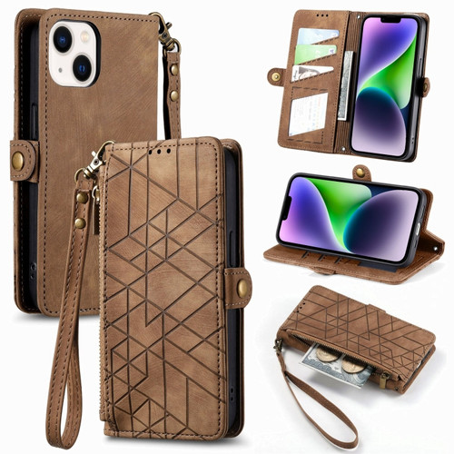 iPhone 14 Plus Geometric Zipper Wallet Side Buckle Leather Phone Case - Brown