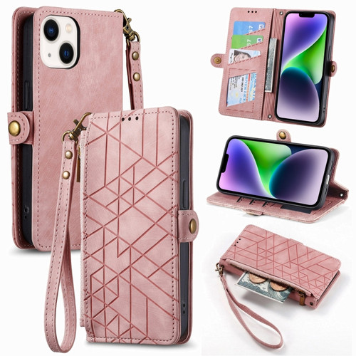 iPhone 14 Plus Geometric Zipper Wallet Side Buckle Leather Phone Case - Pink