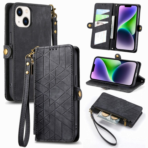 iPhone 14 Plus Geometric Zipper Wallet Side Buckle Leather Phone Case - Black