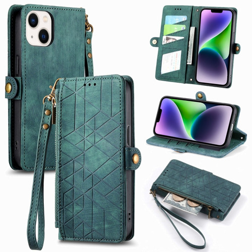 iPhone 14 Plus Geometric Zipper Wallet Side Buckle Leather Phone Case - Green