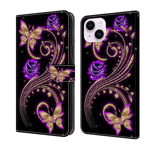 iPhone 14 Plus Crystal 3D Shockproof Protective Leather Phone Case - Purple Flower Butterfly