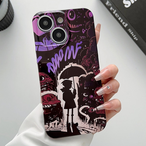 iPhone 14 Plus Painted Pattern Precise Hole PC Phone Case - Black Purple Umbrella Boy