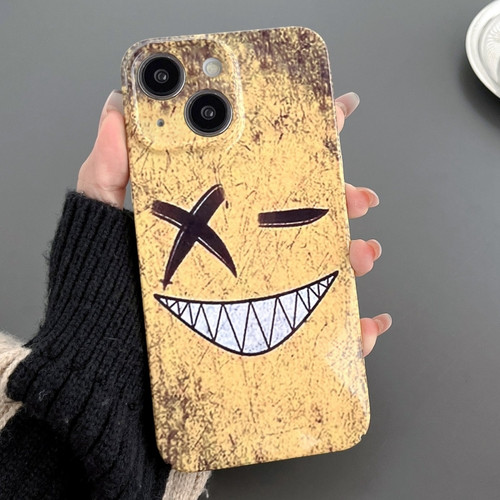 iPhone 14 Plus Painted Pattern Precise Hole PC Phone Case - Yellow Background Smiling