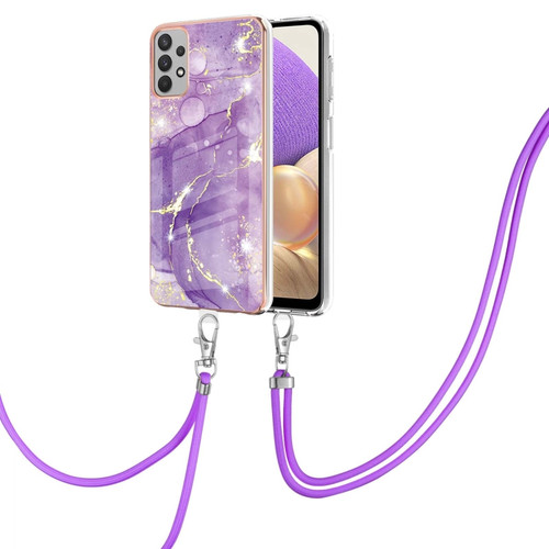Samsung Galaxy A53 5G Electroplating Marble IMD TPU Phone Case with Lanyard - Purple 002