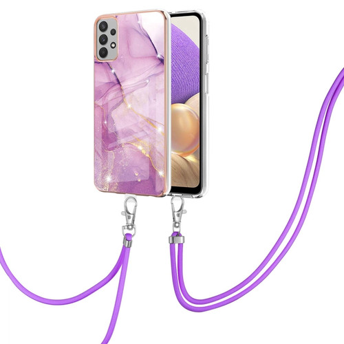 Samsung Galaxy A53 5G Electroplating Marble IMD TPU Phone Case with Lanyard - Purple 001