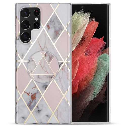 Samsung Galaxy A53 5G IMD Marble TPU Phone Case with Folding Holder - Light Pink Grey