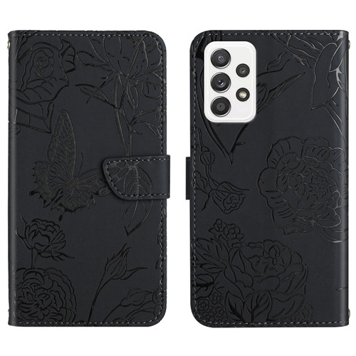 Samsung Galaxy A53 5G Skin Feel Butterfly Peony Embossed Leather Phone Case - Black