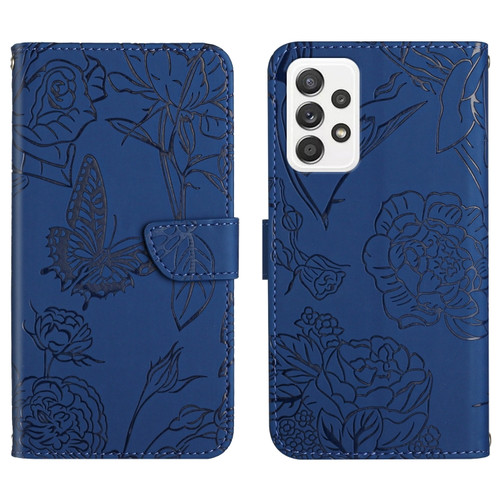 Samsung Galaxy A53 5G Skin Feel Butterfly Peony Embossed Leather Phone Case - Blue
