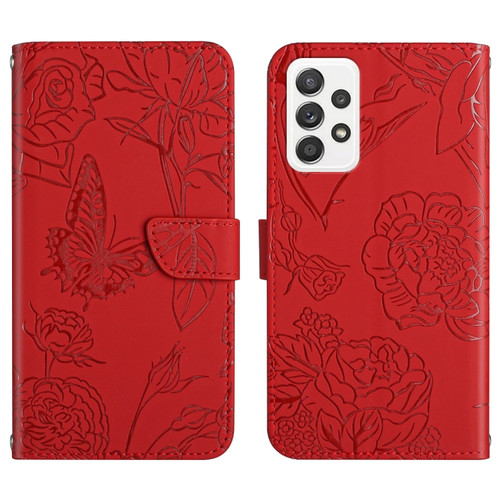 Samsung Galaxy A53 5G Skin Feel Butterfly Peony Embossed Leather Phone Case - Red