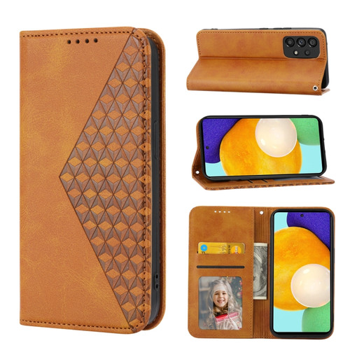 Samsung Galaxy A53 5G Cubic Grid Calf Texture Magnetic Closure Leather Phone Case - Yellow