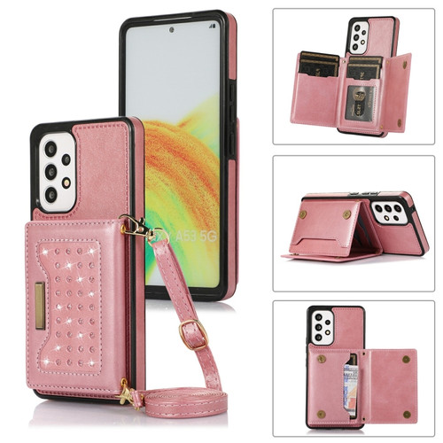Samsung Galaxy A53 5G Three-fold RFID Leather Phone Case with Lanyard - Rose Gold