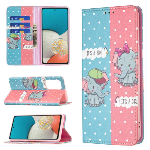 Samsung Galaxy A53 5G Colored Drawing Pattern Invisible Magnetic PU Leather Phone Case - Elephant