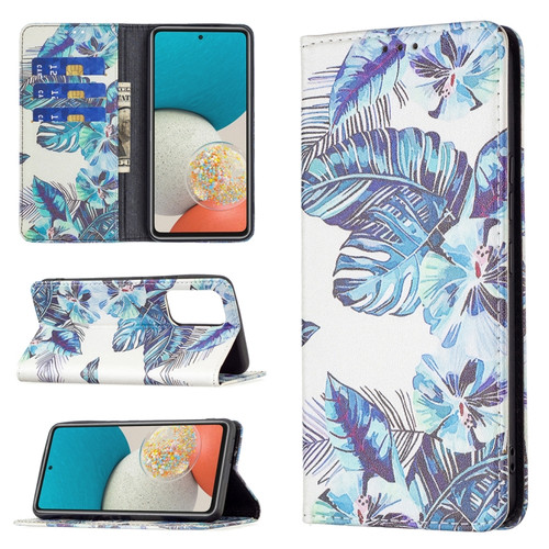 Samsung Galaxy A53 5G Colored Drawing Pattern Invisible Magnetic PU Leather Phone Case - Blue Leaf