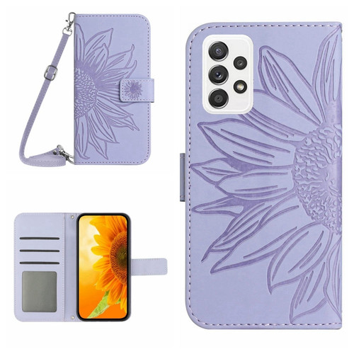 Samsung Galaxy A53 5G Skin Feel Sun Flower Pattern Flip Leather Phone Case with Lanyard - Purple