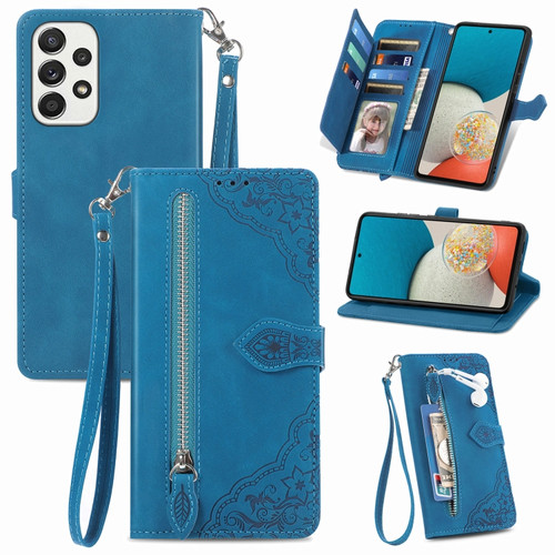 Samsung Galaxy A53 5G Embossed Flower Shockproof Leather Phone Case - Blue