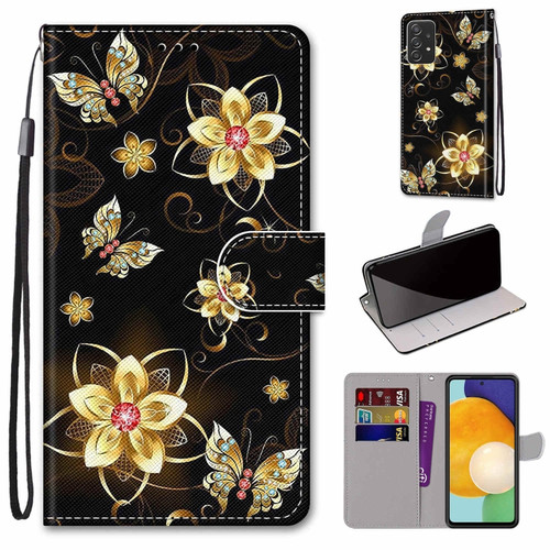 Samsung Galaxy A53 5G Coloured Drawing Cross Texture Horizontal Flip Leather Phone Case with Holder & Card Slots & Wallet & Lanyard - Gold Diamond Butterfly