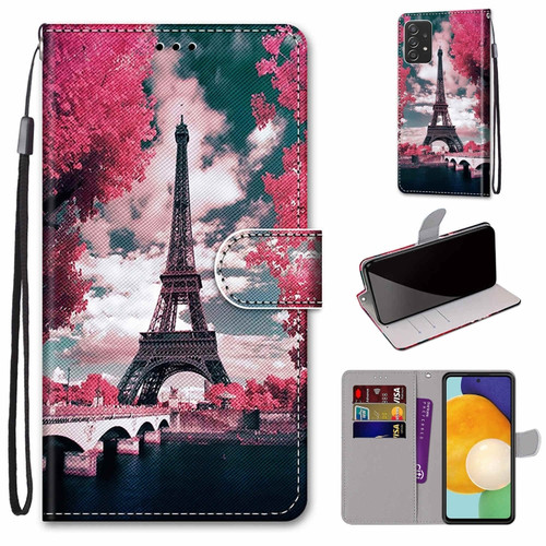 Samsung Galaxy A53 5G Coloured Drawing Cross Texture Horizontal Flip Leather Phone Case with Holder & Card Slots & Wallet & Lanyard - Pink Flower Tower Bridge