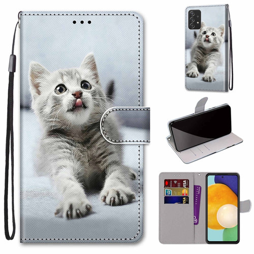 Samsung Galaxy A53 5G Coloured Drawing Cross Texture Horizontal Flip Leather Phone Case with Holder & Card Slots & Wallet & Lanyard - Small Grey Cat