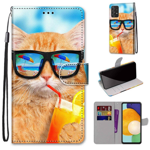 Samsung Galaxy A53 5G Coloured Drawing Cross Texture Horizontal Flip Leather Phone Case with Holder & Card Slots & Wallet & Lanyard - Cat Drinking Soda