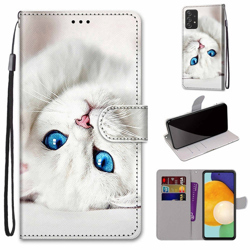 Samsung Galaxy A53 5G Coloured Drawing Cross Texture Horizontal Flip Leather Phone Case with Holder & Card Slots & Wallet & Lanyard - White Kitten