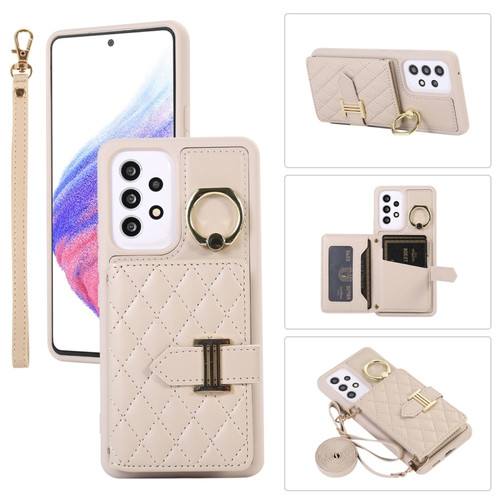 Samsung Galaxy A53 5G Horizontal Card Bag Ring Holder Phone Case with Dual Lanyard - Beige