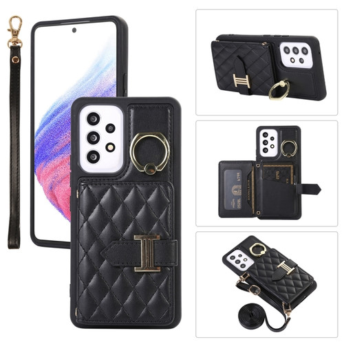 Samsung Galaxy A53 5G Horizontal Card Bag Ring Holder Phone Case with Dual Lanyard - Black