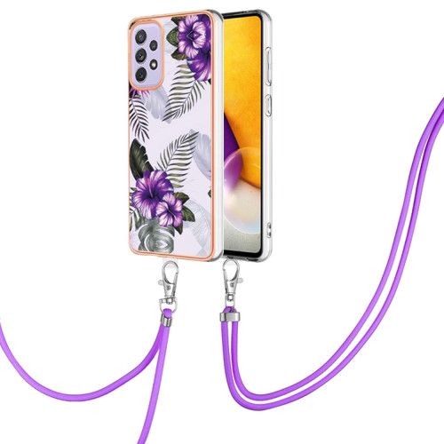 Samsung Galaxy A53 5G Electroplating IMD TPU Phone Case with Lanyard - Purple Flower