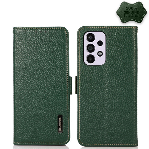 Samsung Galaxy A53 5G KHAZNEH Side-Magnetic Litchi Genuine Leather RFID Phone Case - Green