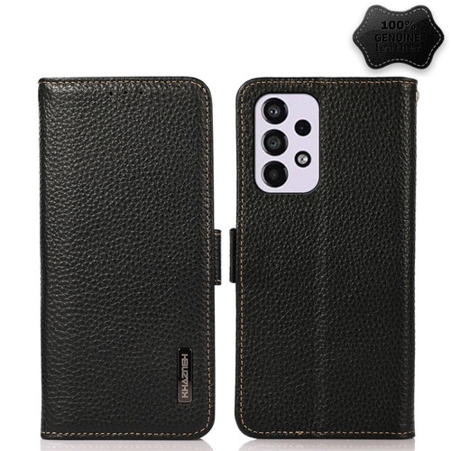Samsung Galaxy A53 5G KHAZNEH Side-Magnetic Litchi Genuine Leather RFID Phone Case - Black