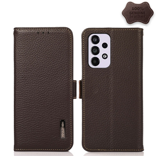 Samsung Galaxy A53 5G KHAZNEH Side-Magnetic Litchi Genuine Leather RFID Phone Case - Brown