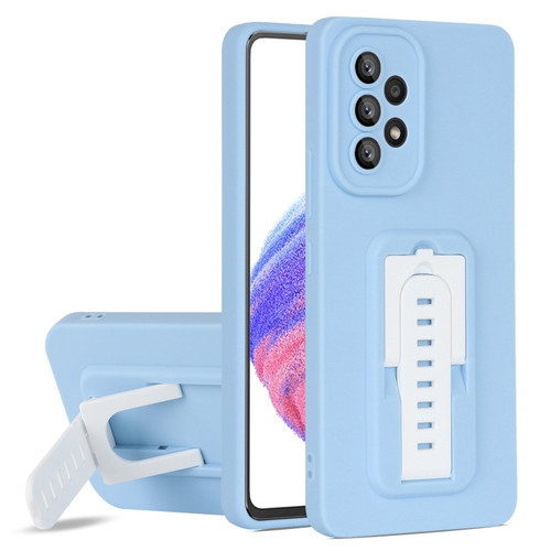 Samsung Galaxy A53 5G Strap Holder Shockproof Protective Phone Case with Lens Film - Blue + White