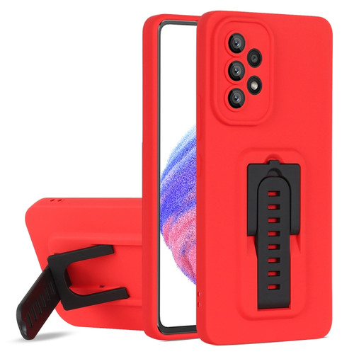 Samsung Galaxy A53 5G Strap Holder Shockproof Protective Phone Case with Lens Film - Red + Black