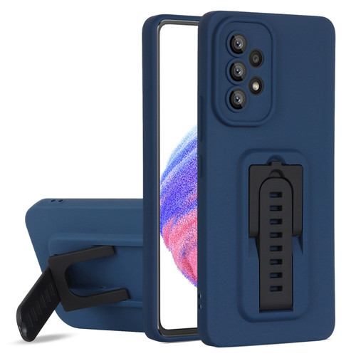 Samsung Galaxy A53 5G Strap Holder Shockproof Protective Phone Case with Lens Film - Blue + Black