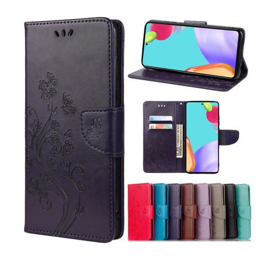 Samsung Galaxy A53 5G Butterfly Flower Pattern Horizontal Flip Leather Phone Case with Card Slot & Holder - Dark Purple