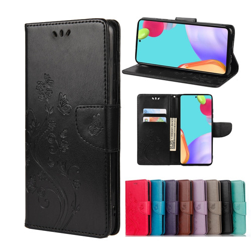 Samsung Galaxy A53 5G Butterfly Flower Pattern Horizontal Flip Leather Phone Case with Card Slot & Holder - Black