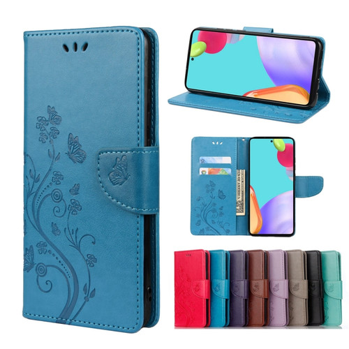 Samsung Galaxy A53 5G Butterfly Flower Pattern Horizontal Flip Leather Phone Case with Card Slot & Holder - Blue