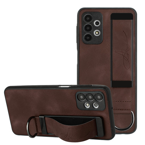 Samsung Galaxy A53 5G Wristband Holder Leather Back Phone Case - Coffee