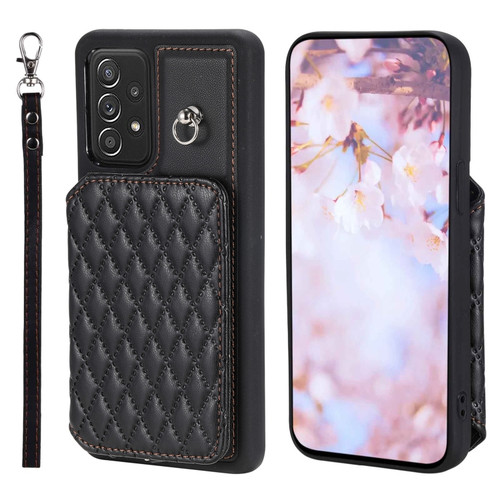 Samsung Galaxy A53 5G Grid Texture Card Bag Phone Case with Lanyard - Black