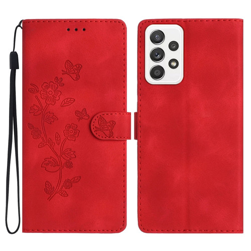 Samsung Galaxy A53 5G Flower Butterfly Embossing Pattern Leather Phone Case - Red