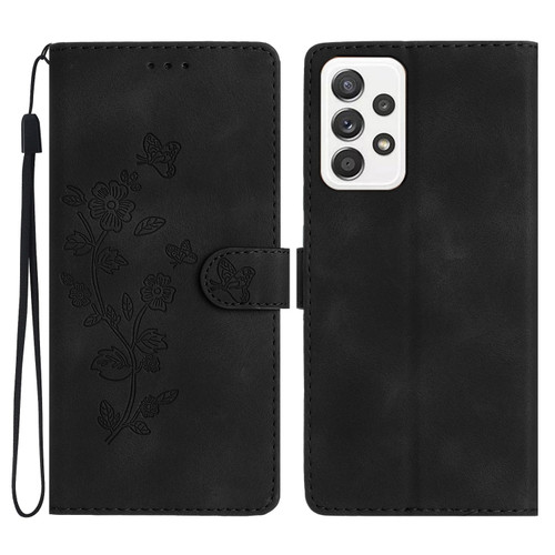 Samsung Galaxy A53 5G Flower Butterfly Embossing Pattern Leather Phone Case - Black