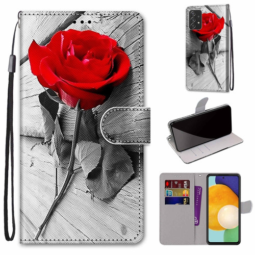 Samsung Galaxy A53 5G Global Coloured Drawing Cross Texture Horizontal Flip PU Phone Leather Case with Holder & Card Slots & Wallet & Lanyard - Colorful Layer - Red Rose On Wooden